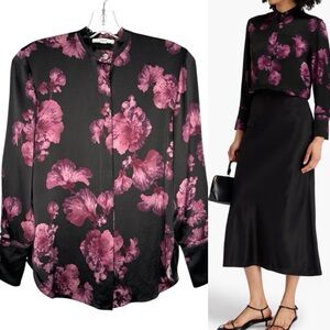 Vince SILK Blouse Begonia Pink Raw-Edge Band-Collar long sleeve Button front XXS